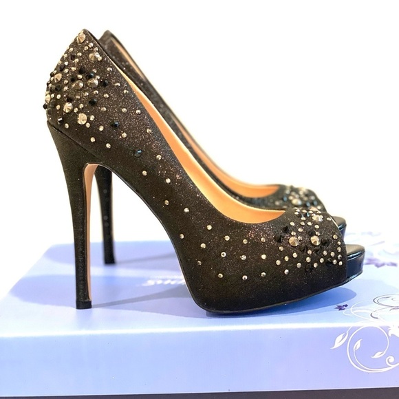 Black Platform peep toe pumps with sparkle 5 inches tall size 7 - Picture 4 of 13